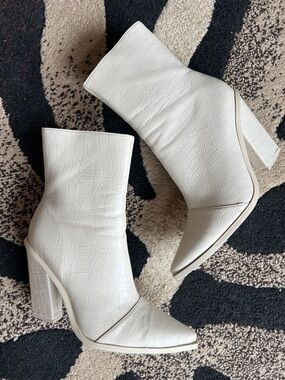 Nasty Gal Off-White Croc-Embossed Pointed Toe Block Heel Ankle Boots